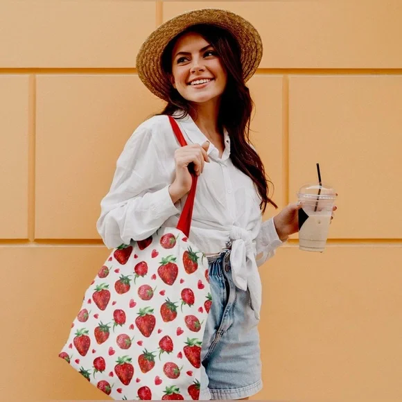 Anthro Strawberry 🍓 Print Canvas Tote Shopping Bag - Picture 13 of 13